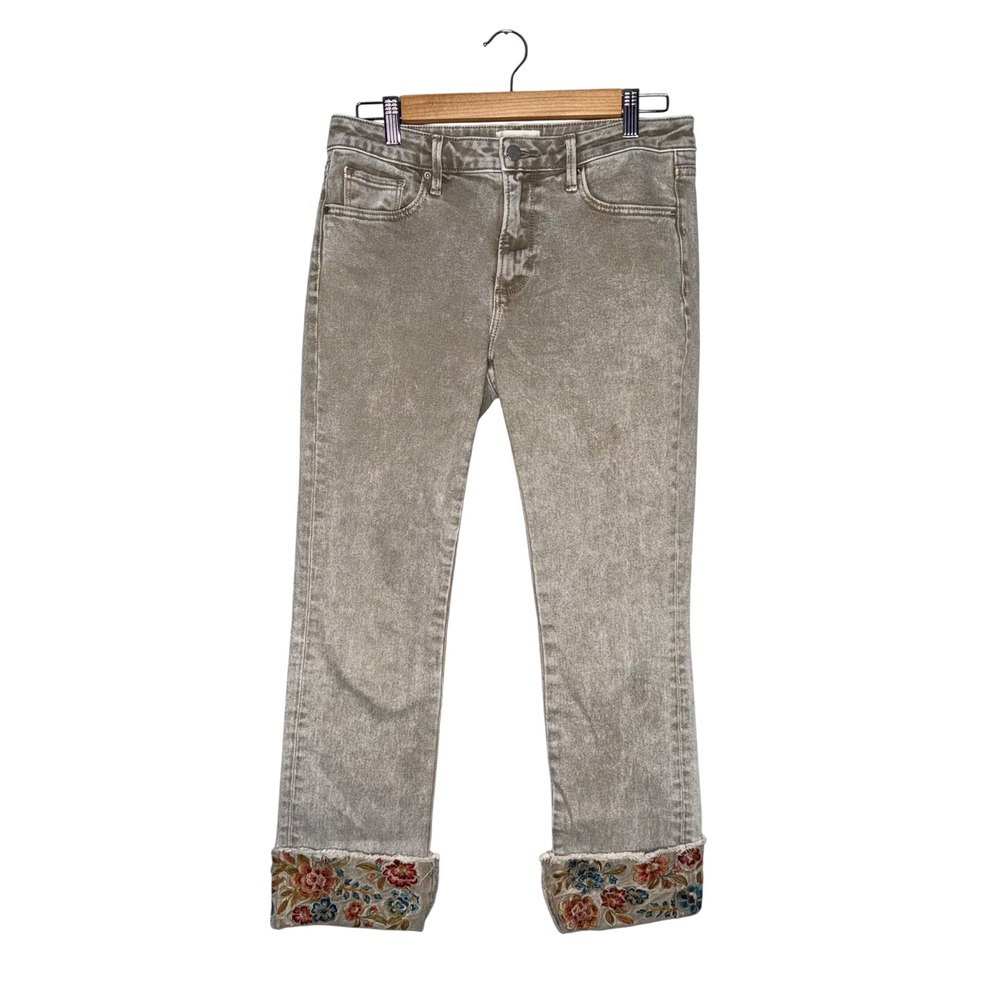 Driftwood Colette Jeans Embroidered Floral Cuffs Beige Straight Leg Womens Sz 26